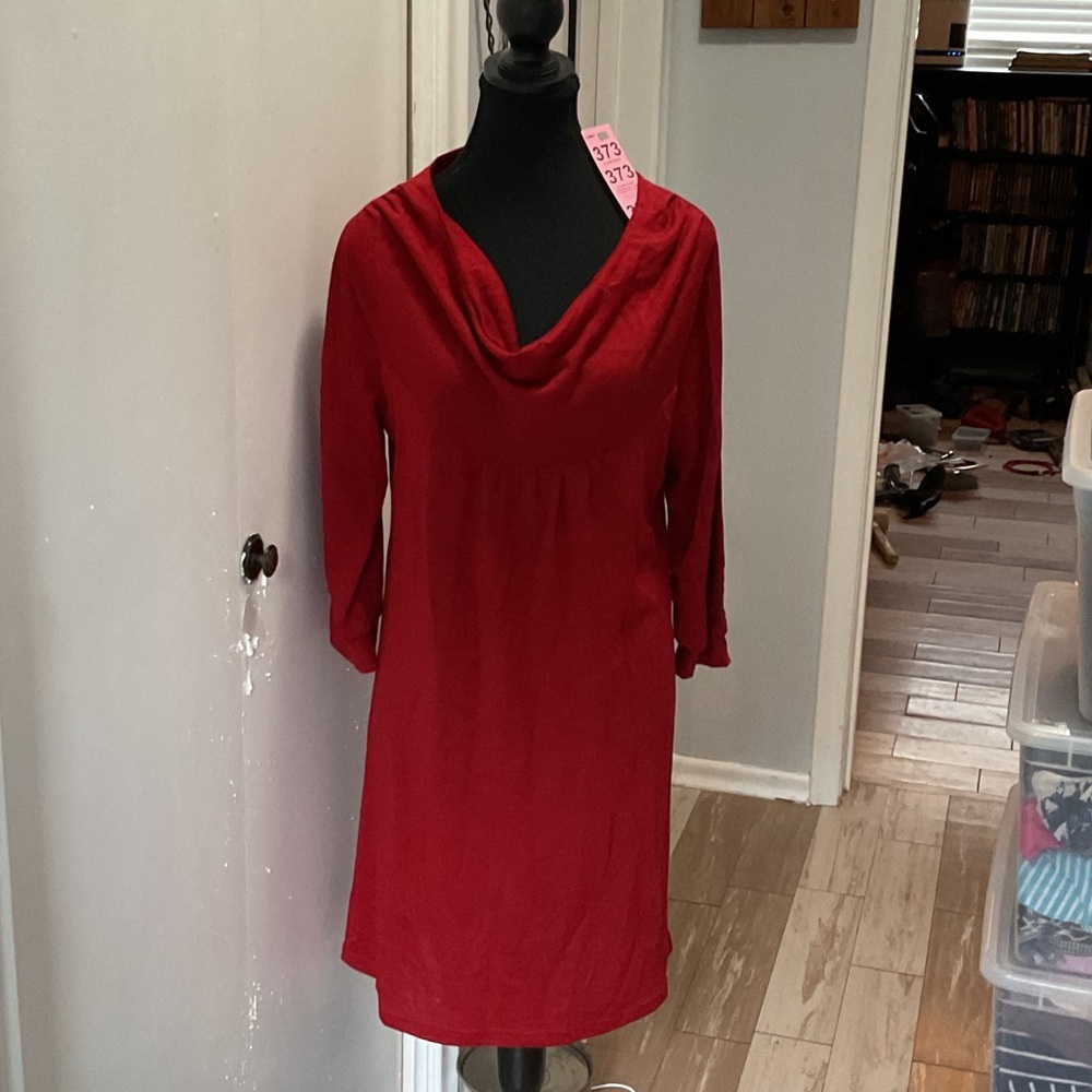 P371. Elegant Red Wool Cowl Neck Dress |12